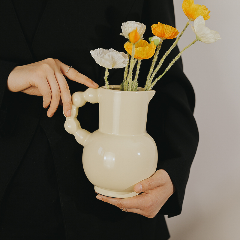 陶瓷花瓶高级感珍珠提手桌面装饰高颜值设计感小众摆件客厅插花瓶