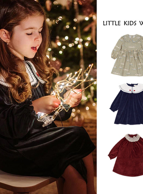 23秋冬ks同款圣诞女童天鹅绒蕾丝刺绣连衣裙娃娃领卡通长袖天鹅裙