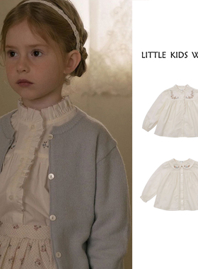 23秋冬LOU女童纯棉长袖立领衬衫木耳边绣花小翻领娃娃衫上衣甜美