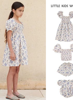 24春夏女童连衣裙复古印花泡泡袖打揽裙舒适棉麻宝宝连体服套装