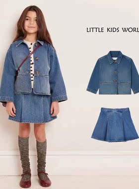 23秋冬Bp小樱桃牛仔夹克休闲短外套上衣纯棉水洗牛仔短裙半身裙蓝