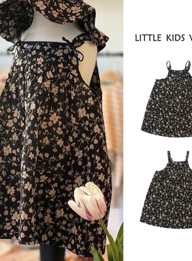 22春夏Car同款宝宝女童复古碎花挂脖连衣裙法式轻奢吊带裙黑色