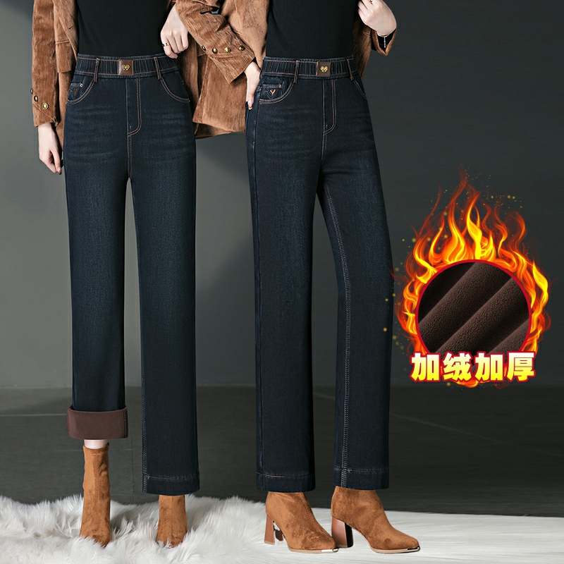 加绒加厚直筒牛仔裤女冬松紧高腰