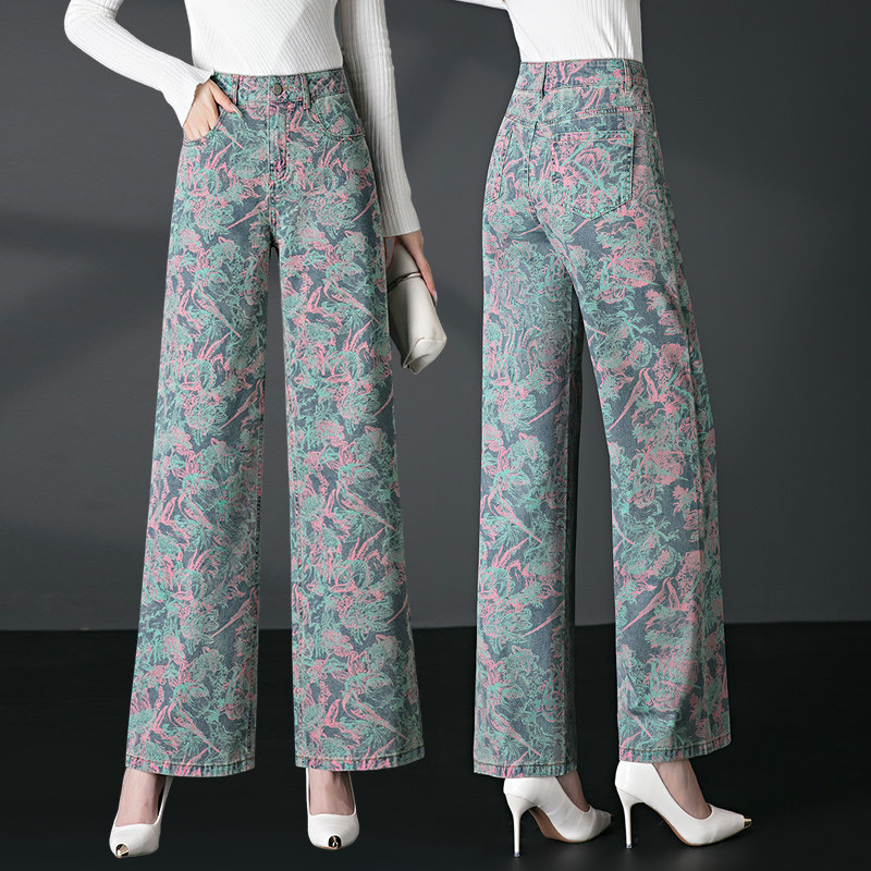 国风印花阔腿牛仔裤女秋季新款潮