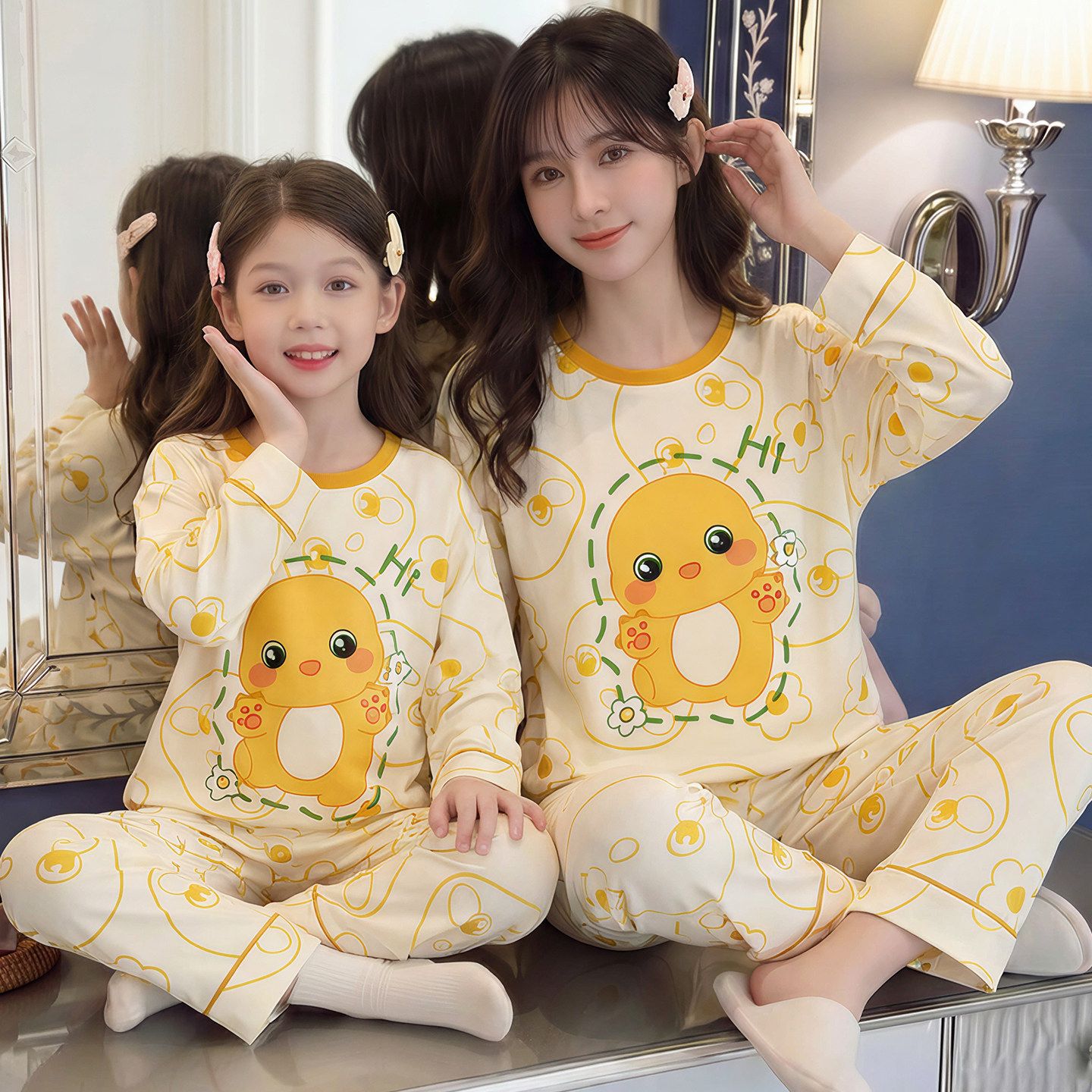 2026新款纯棉睡衣女童春秋冬季长袖全棉家居服母女母子亲子装套装