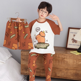 网红同款男童纯棉睡衣三件套夏季短袖卡皮巴拉薄款ins风家居服