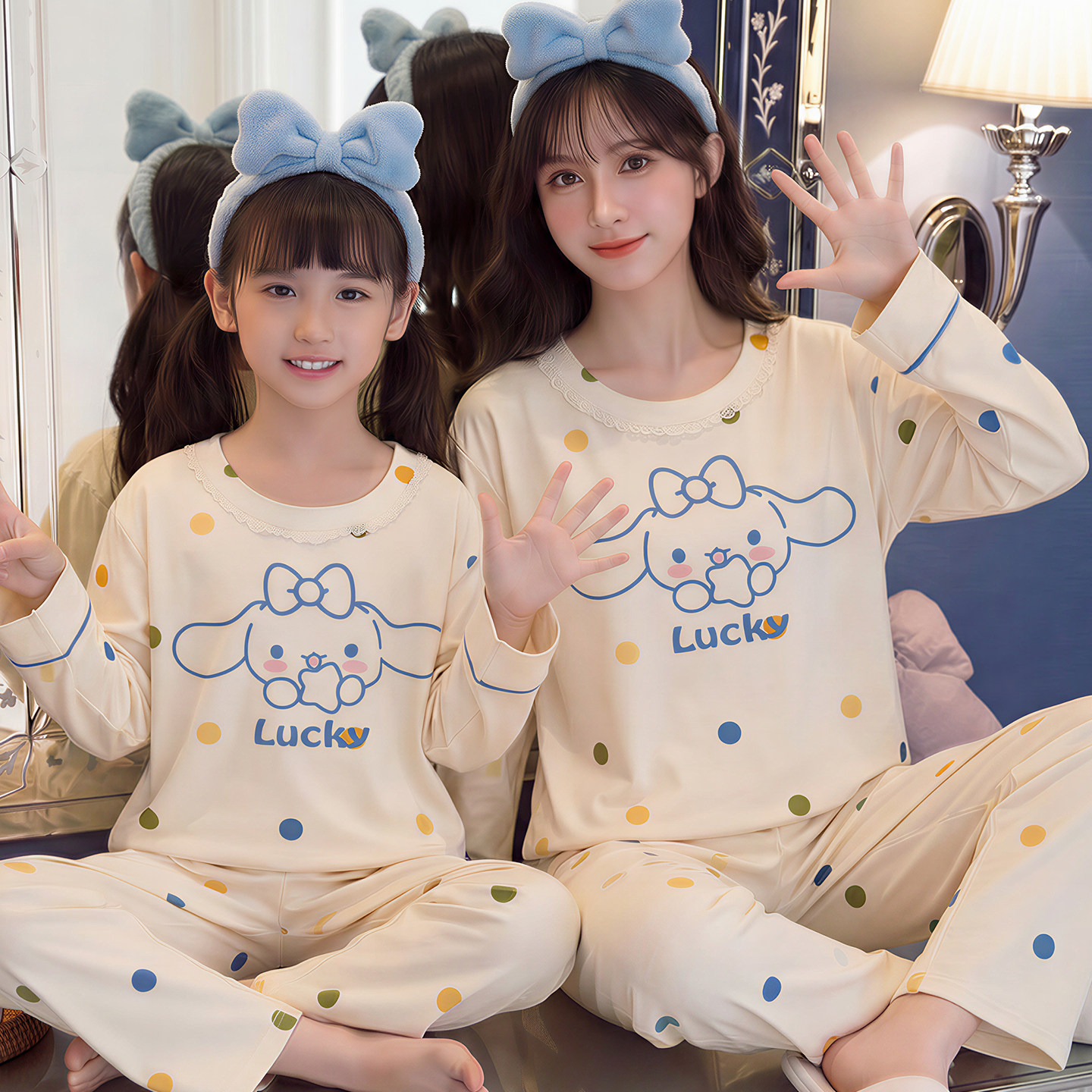 2026新款玉桂狗亲子睡衣女孩大童可爱超萌母女长袖纯棉家居服套装