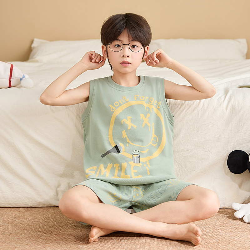 韩版男童睡衣纯棉夏季薄款无袖套装2026新款笑脸中大童背心家居服