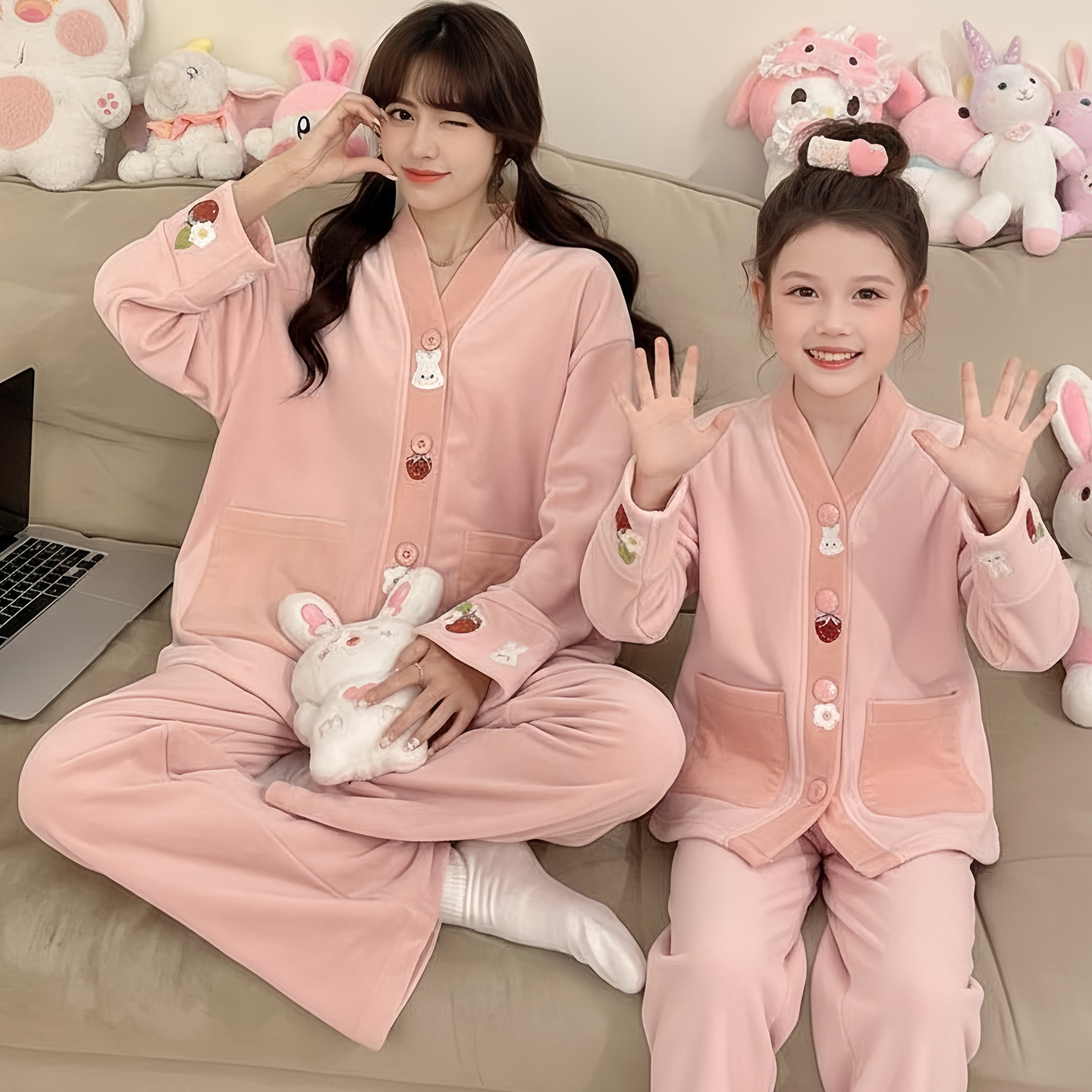 甜美珊瑚绒亲子母女睡衣秋冬季海岛绒女孩大童保暖薄绒家居服套装