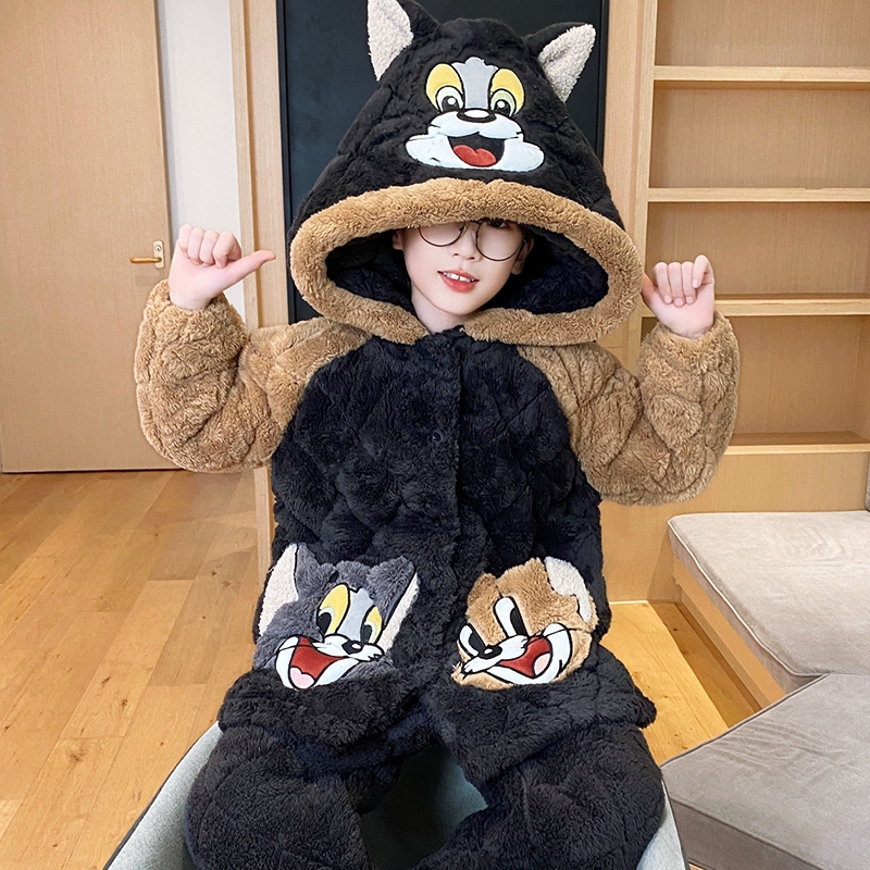 冬季儿童三层夹棉睡衣男童男孩加绒加厚保暖小孩可外穿家居服套装