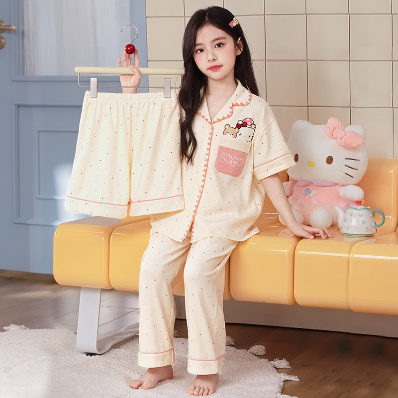 女童睡衣三件套纯棉夏季薄款短袖大童女孩甜美卡通猫咪家居服套装