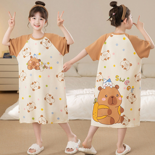 纯棉薄款 短袖 睡衣可爱女孩宝宝裙子 卡皮巴拉睡裙女童夏季 2025新款
