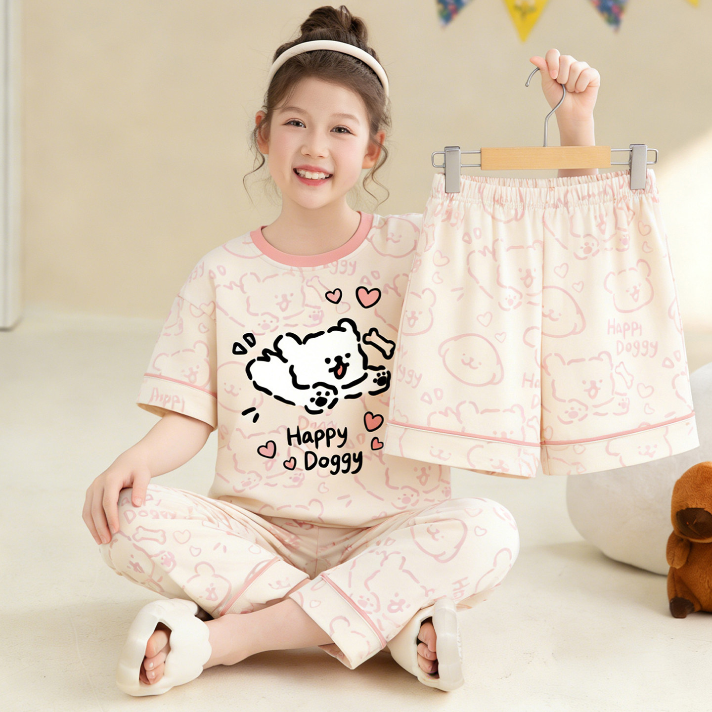 线条小狗女童睡衣短袖长裤三件套夏季薄款纯棉女孩卡通大童家居服