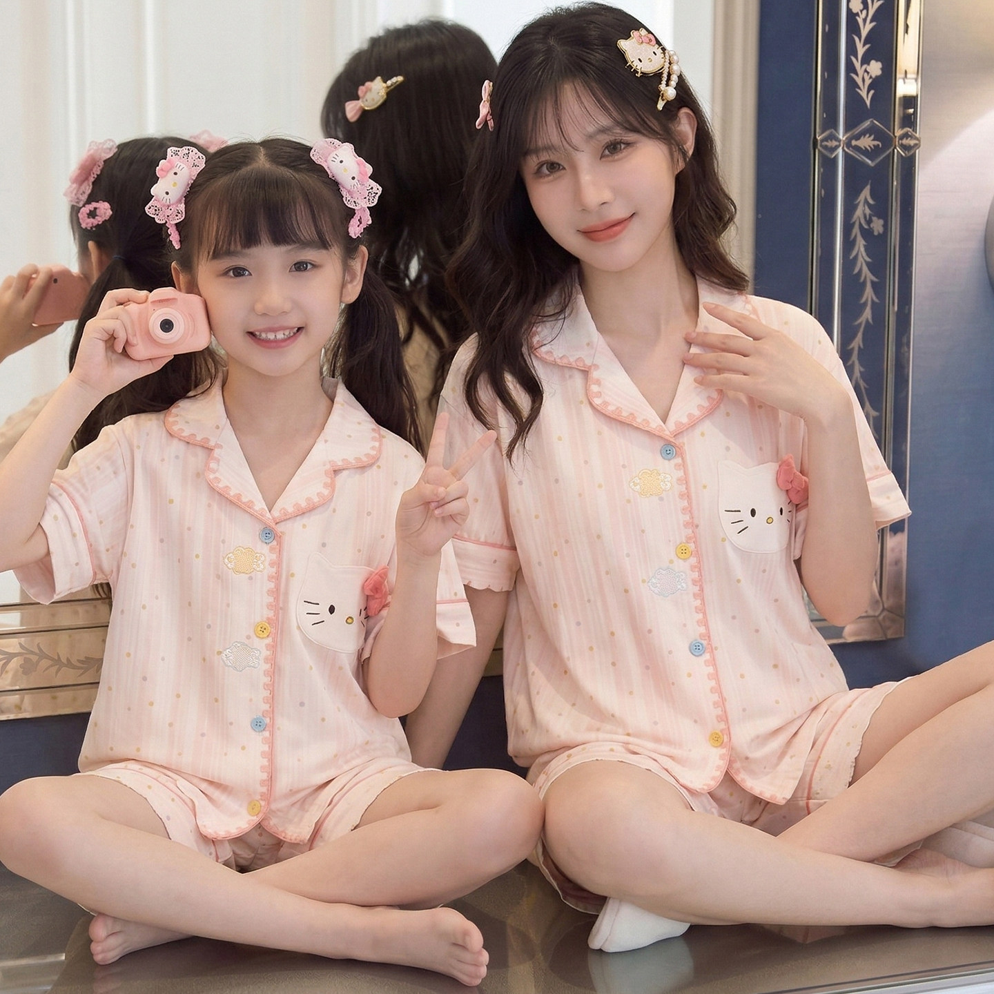 亲子睡衣母女装2026夏季纯棉薄款短袖甜美女孩中大童卡通猫家居服