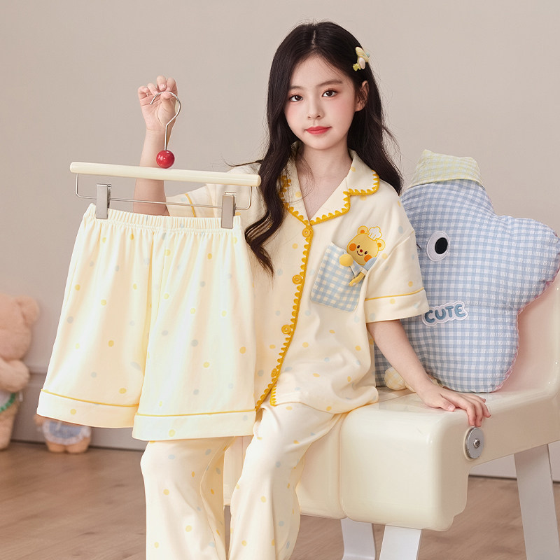 夏季女童睡衣纯棉三件套短袖中大童女孩卡通小熊夏天空调房家居服