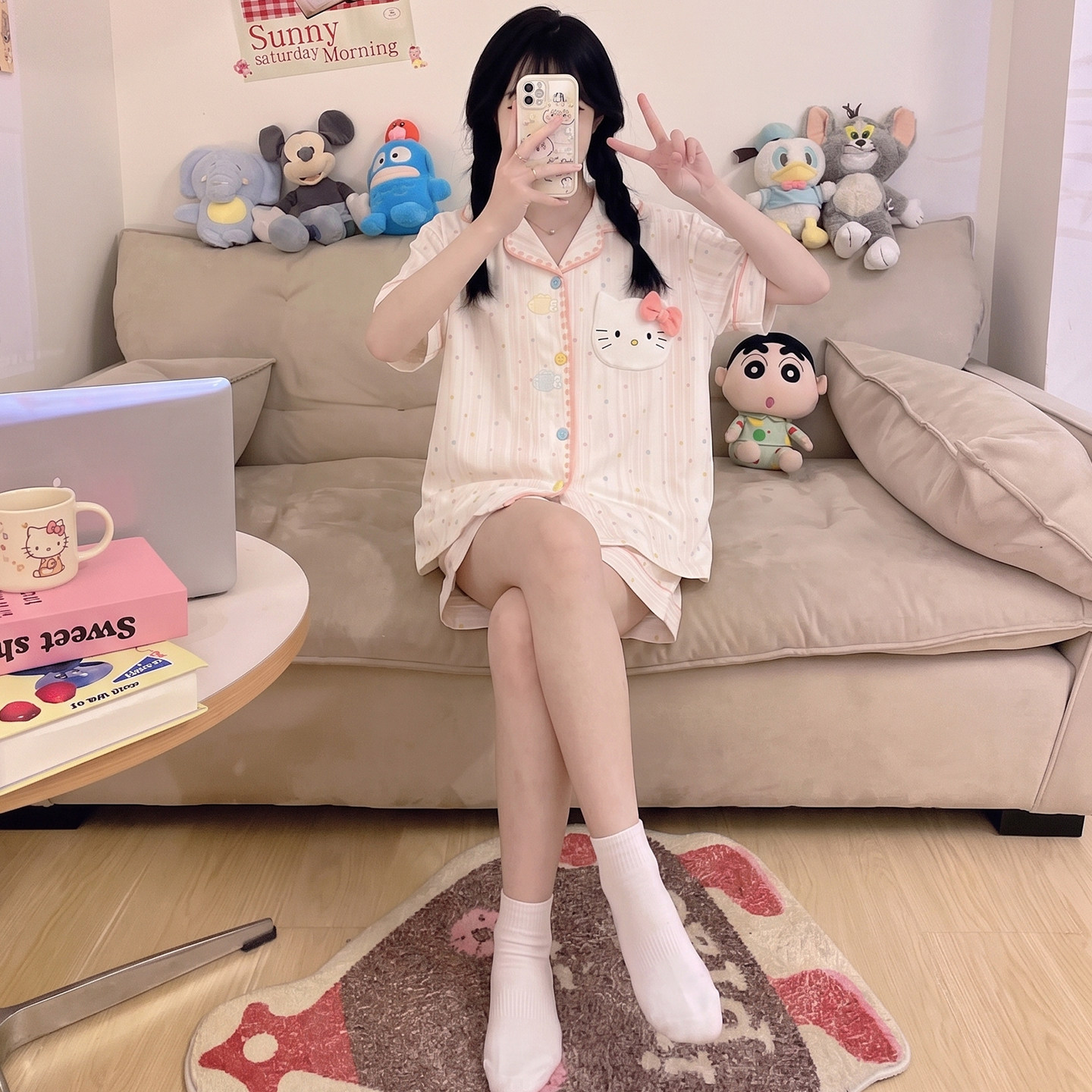 睡衣女孩大童夏季纯棉短袖薄款开衫初中生学生甜美洋气家居服套装 - 实物图