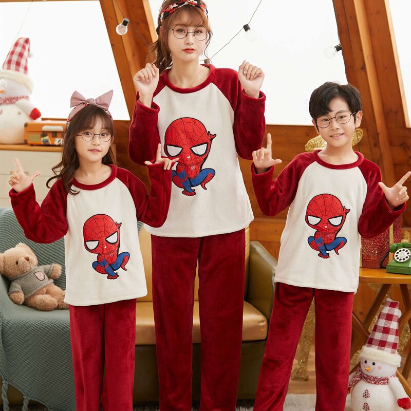 蜘蛛侠亲子装母女睡衣法兰绒套装大中小童珊瑚绒红色男女童居家服