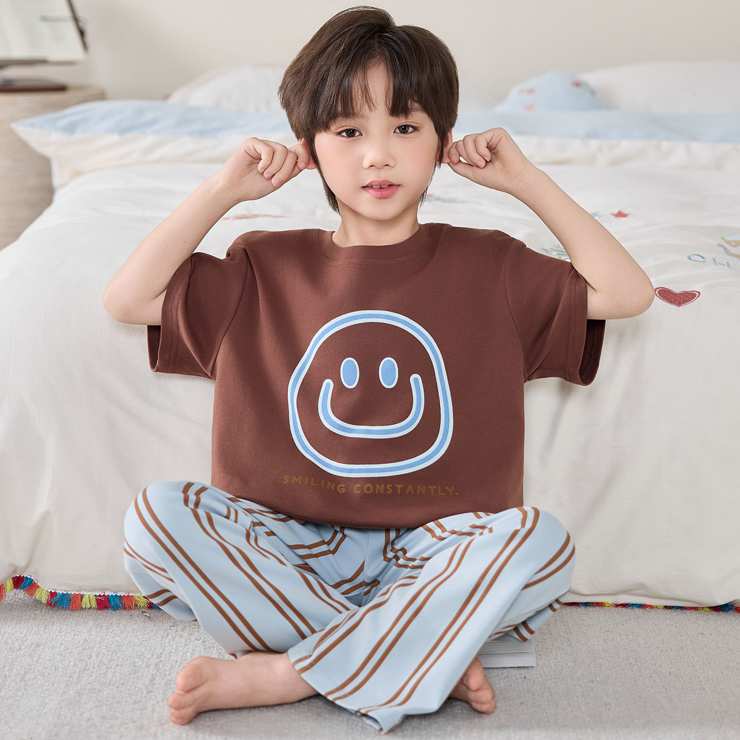 韩版男童睡衣纯棉夏季薄款短袖长裤2026新款网红款男孩儿童家居服