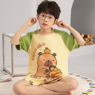 2025夏季新款男童睡衣纯棉短袖薄款卡皮巴拉帅气男孩子家居服套装