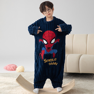 蜘蛛侠男童睡袋秋冬季加厚珊瑚绒睡衣中大童小男孩卡通保暖防踢被