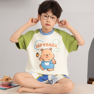 2025男童睡衣夏季纯棉短袖薄款中大童卡皮巴拉男孩宝宝家居服套装