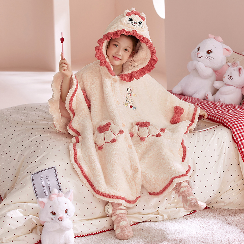 玛丽猫睡袍女童秋冬珊瑚绒加厚长款浴袍洋气小公主斗篷睡衣家居服