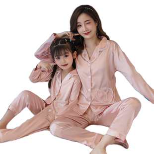 春夏甜美母女睡衣亲子长袖冰丝套装13岁女孩空调大小童丝绸家居服