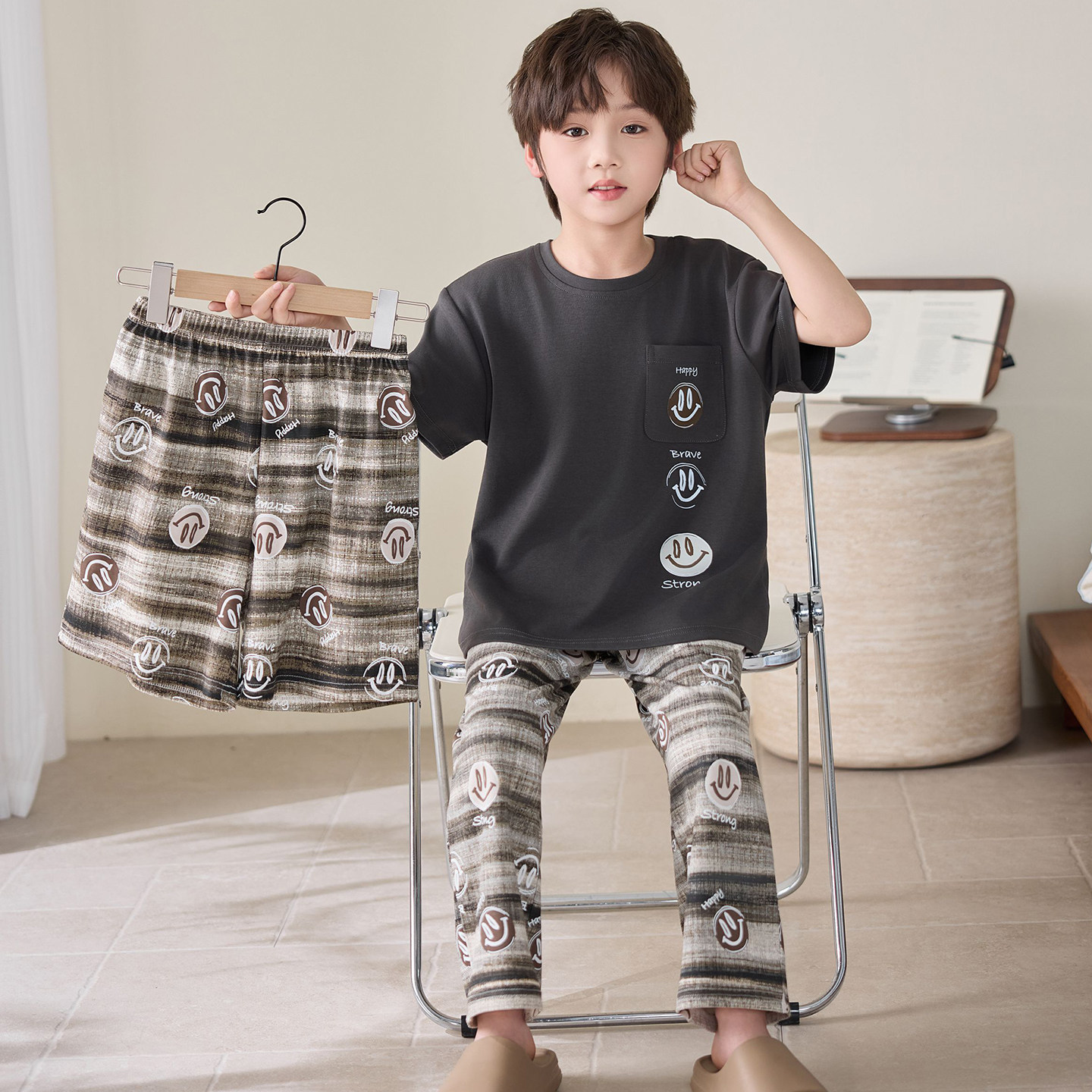 韩版夏季男童睡衣纯棉薄款三件套2026新款大童短袖长裤防蚊家居服