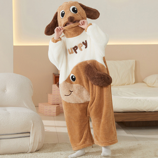 可爱儿童连体睡衣秋冬季珊瑚绒加厚卡通小狗男童女孩冬天保暖睡袋