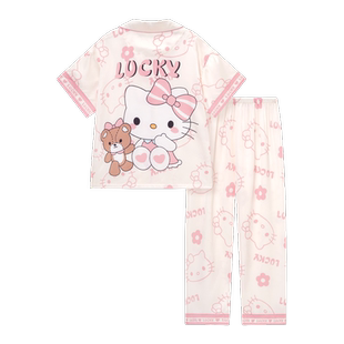 夏季薄hellokitty猫冰丝女童睡衣短袖长裤开衫夏季卡通大童家居服