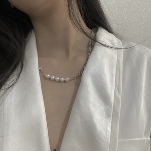 轻奢珍珠锆石拼接不对称INS嘻哈潮流气质个性 百搭冷淡锁骨链项链