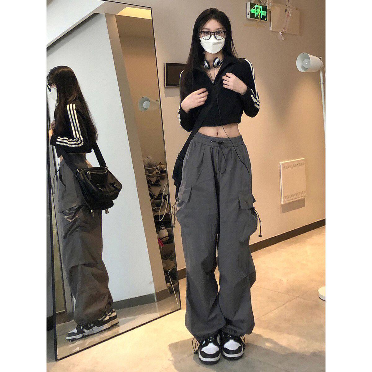 美式百搭直筒多口袋抽绳阔腿工装裤子女高腰显瘦宽松束脚休闲裤潮