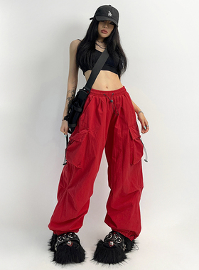 个性红色多口袋高腰抽绳工装裤子女美式高街宽松直筒休闲束脚裤潮