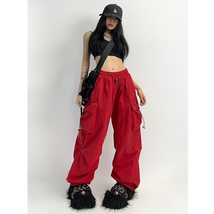 高街宽松直筒休闲束脚裤 个性 子女美式 裤 潮 红色多口袋高腰抽绳工装