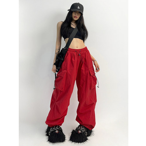 个性红色多口袋高腰抽绳工装裤子女美式高街宽松直筒休闲束脚裤潮