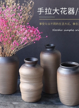 奇异手工创意粗陶陶罐坛子花器花瓶黑陶干燥花插复古桌面装饰品摆