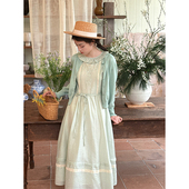 浅绿色荷叶边领无袖 七与珍珠 绿芽 背心裙子清新刺绣复古连衣裙