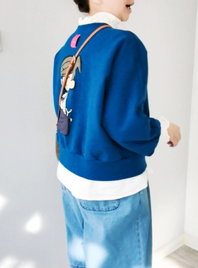 韩国进口seubong春季新款印花纯棉毛圈宽松九分袖拉链开衫外套女