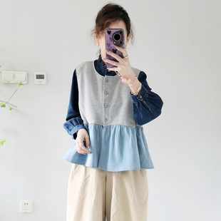 韩国bloom秋冬新款纯棉毛圈棉拼接牛仔宽松A字版型遮肉马甲背心