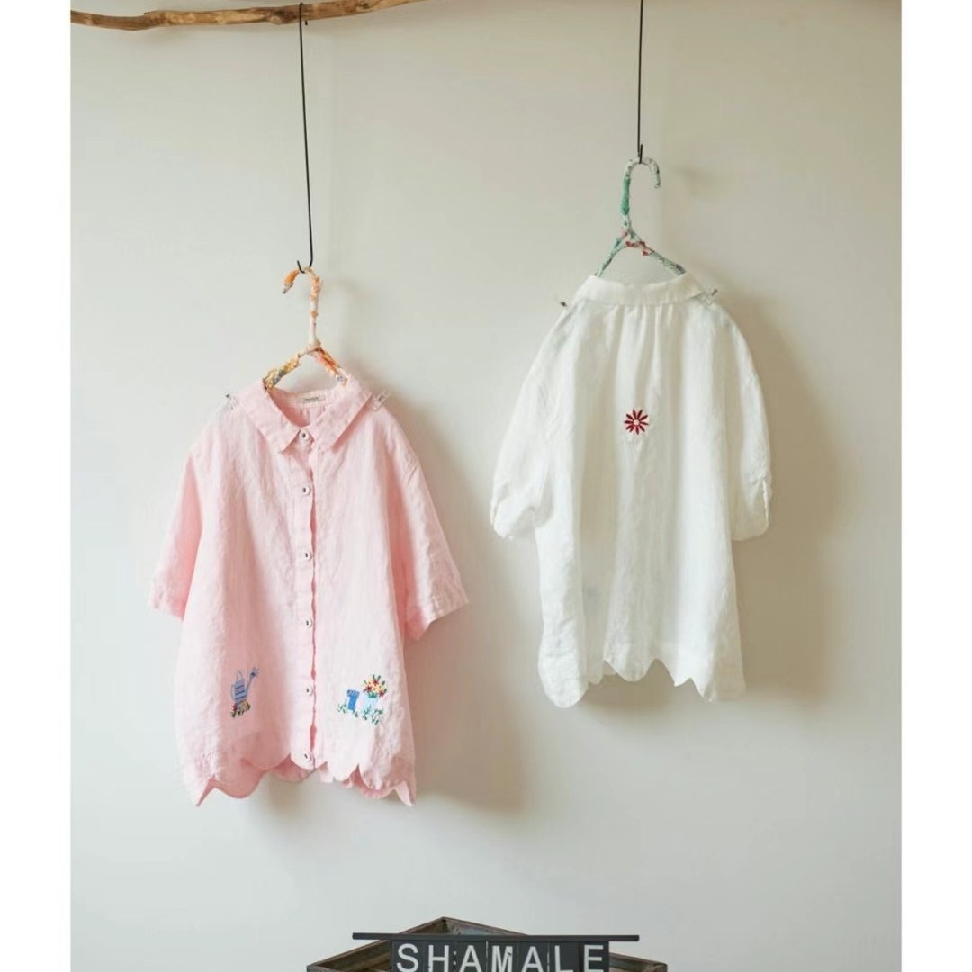 韩国进口shamale夏季新款亚麻刺绣波浪底边宽松翻领轻薄开衫衬衫