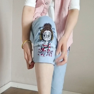 韩国进口NTG夏季新款可爱女孩刺绣超薄弹力小脚七八分微垮牛仔裤