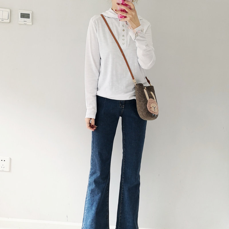 韩国进口ODI春季新款迪斯尼米奇刺绣松紧腰弹力修身显瘦微喇牛仔