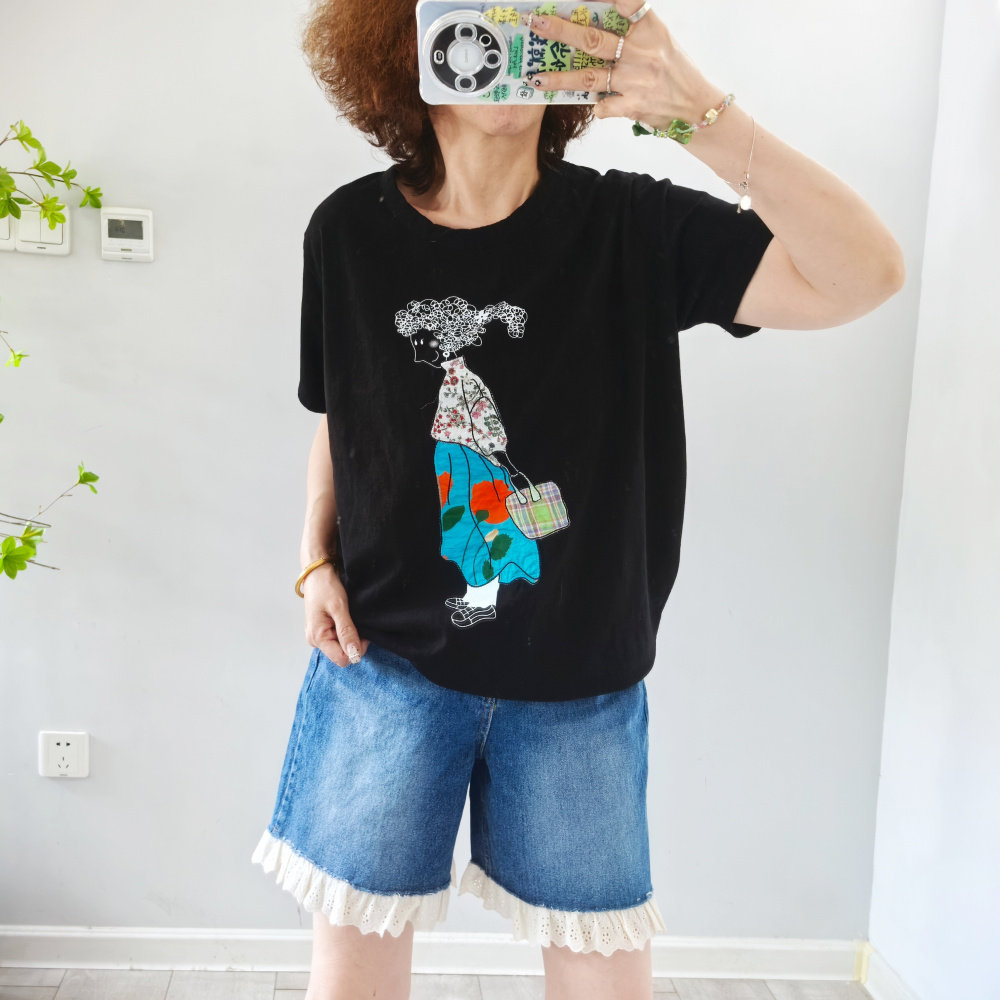 韩国进口ricco2025春夏新款不易变形小廓形遮肚子贴布刺绣短袖T恤