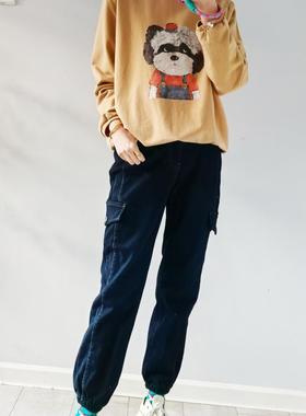 韩国aurora冬季新款一体绒工装风立体剪裁深蓝色柔软弹力束脚裤