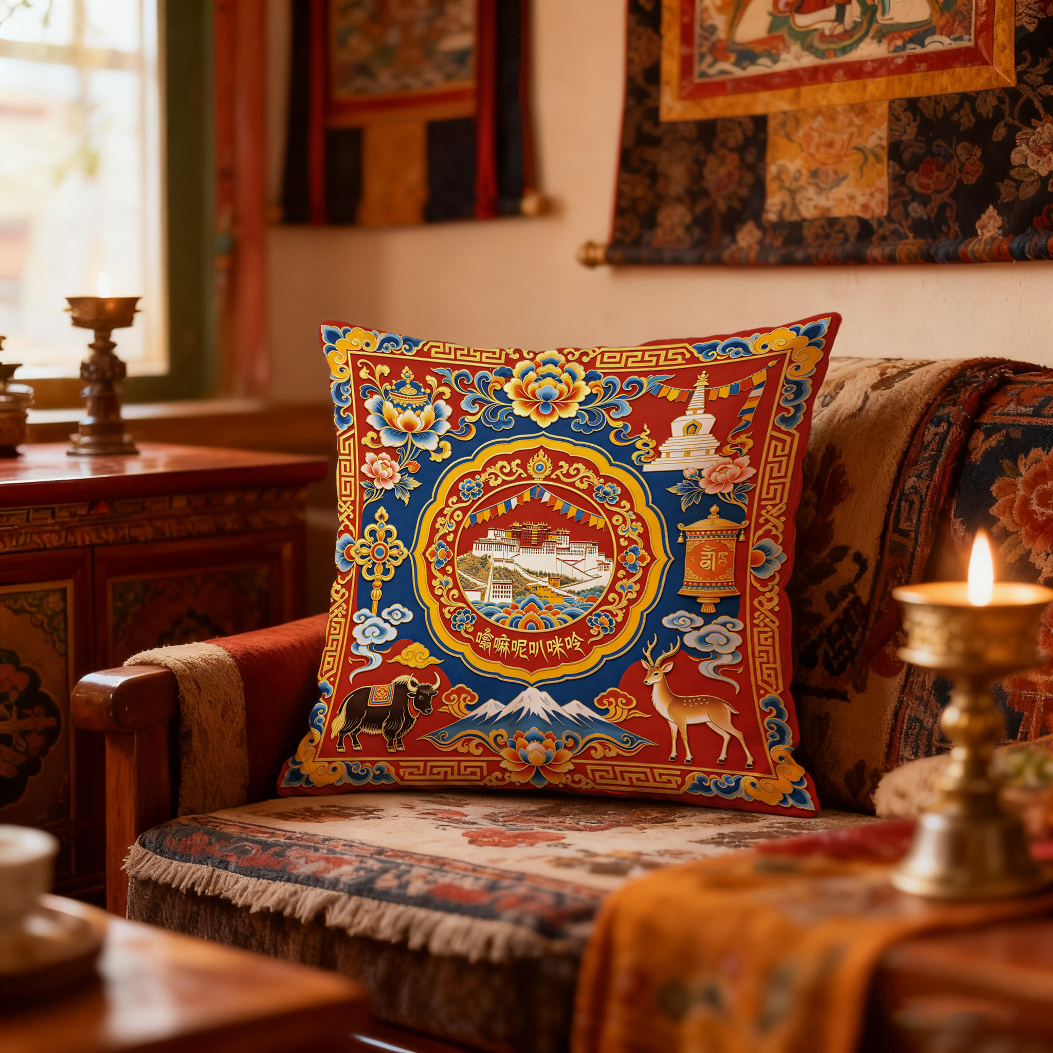 西藏布达拉宫抱枕 布艺沙发靠垫   藏式民族风民宿家居装饰