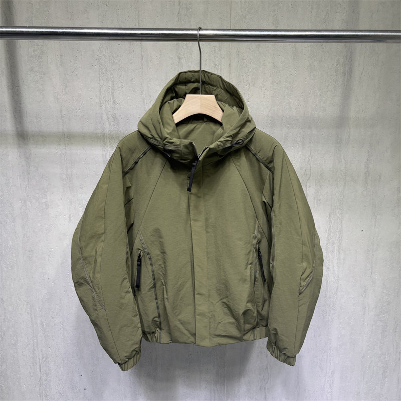工装机能风连帽羽绒服男军绿色拉链宽松加厚保暖户外短款冬季外套