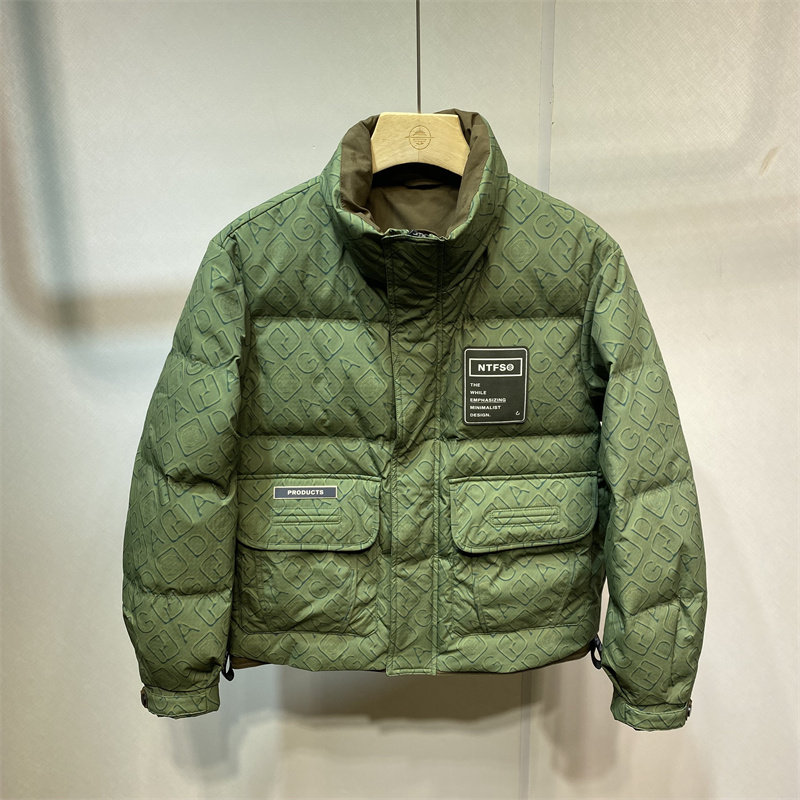 工装口袋立领羽绒服男短款绿色保暖防风外套冬季新款时尚绿色上衣