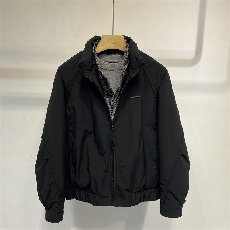 休闲风男士黑色立领短款羽绒服假两件拉链夹克冬装外套帅气衬衫领