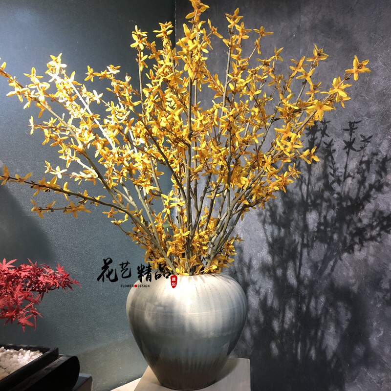 115cm大干支迎春花银翘花仿真花小黄花树枝禅意新中式插花摆件