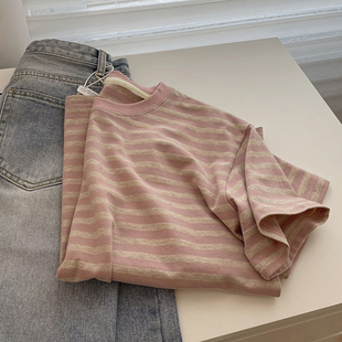正肩t恤粉色条纹短袖 新款 高级设计感小众独特别致上衣 女2022夏季